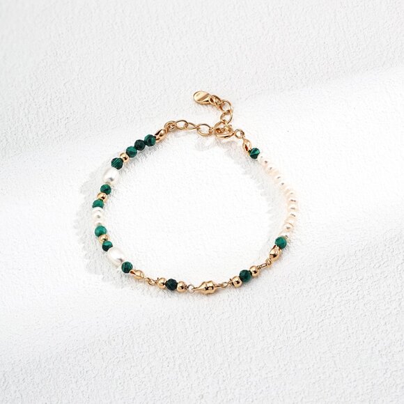💚 Artisan Original Design Dainty Malachite & Pearl Beaded Bracelet | S925 - Picture 1 of 8